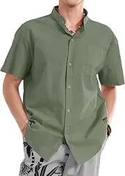 [VgueElegc] Men's Casual Button Flax Shirt Wedding Vacation Shirts for Men Short Sleeve Beach Cotton Linen Shirts