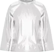 [FEESHOW] Kids Girls Shiny Shirt Dance Long Sleeve T-Shirt Jazz Hip Hop Sport Crop Top Cross Waist Dancewear