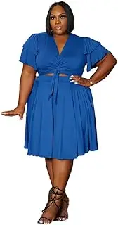[GOODYEZZ] Plus Size Two-Piece Womans' Skirt Set - Casual V-Neck Top and Above Knee Woman Skirt, Blue, 5X-Large