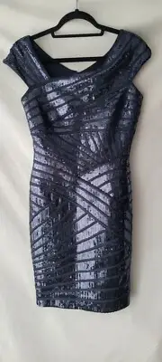 NWT $343 Women's TADASHI SHOJI Navy Blue Sequin Sleeveless Short Shift Dress 4