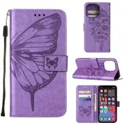 For iPhone 14 Pro Case, Embossed Floral Butterfly, PU Leather Wallet Cover, Lanyard, Stand, Light Purple