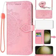 [Asuwish] Mobile Phone Case for Samsung Galaxy S23 Ultra 5G Case with Strap and Glass Film Screen Protector Card Slot Foldable Leather Wallet Stand S23Ultra 23S S 23 23Ultra Mobile Phone Case Rose Gold
