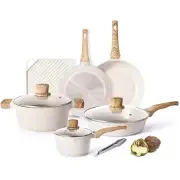 11-Piece Granite Nonstick Cookware Sets with Frying Pan and Grill Pan, Beige