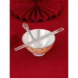 銀器時代 純銀999銀碗山茶花瓷包銀手繪碗家用銀餐具中式飯碗湯碗