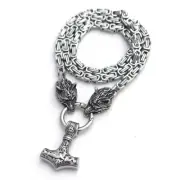 6mm Silver Stainless Steel Wolf Head Thor's Hammer Pendant Byzantine Necklaces