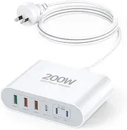 [Risubo] 200W USB C Charger, Multi-Port Charging Hub, GaN & Portable Charger Station, Laptop Power Adapter for MacBook Air Pro, iPad, iPhone 16 15 14 13, Samsung Galaxy, Google Pixel,Motorola,Steam Deck