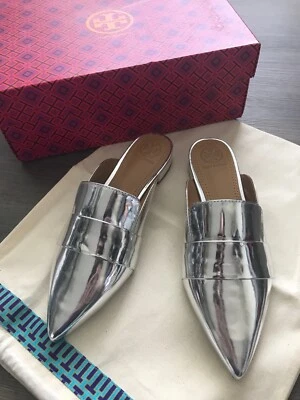 NIB Tory Burch Sliver Tone Shoes Muller Slippers Falts Size 6