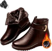 [ZPLMIDE] Women's Metal Buckle Genuine Leather Wool Orthopedic Boots,Winter Warm Non-Slip Fur Lined Waterproof Ankle Boots