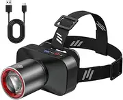 Headlamp Rechargeable, Rechargeable Headlamps for Adults, Ultra Bright Zoomable Beam 90 Degree Angle Adjustable Waterproof Lightweight Headlight for Fishing Hiking Running