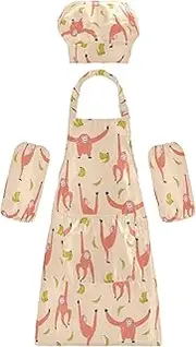 AIXIWAWA Kids Apron Chef Hat Set, Child Kitchen Bib Aprons Adjustable for Cooking Baking Painting (Bananas Monkeys)