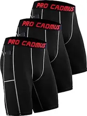 [Cadmus] 3 Pack Mens Compression Shorts Gym Running Underwear Base Layer Shorts Quick-Drying Fabric with Side Pockets