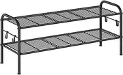 SONGMICS Shoe Rack, Shoe Rack with 2 Levels, Metal Shelf with 4 Side Hooks, Holds 10 Pairs of Shoes, Height Adjustable Shelf, for Entrance, Hallway, Wardrobe, Easy Assembly, Ink Black