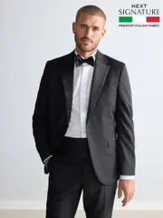 Black Slim Fit Signature Marzotto Italian Fabric Check 100% Wool Tuxedo Suit Jacket (N54880) | $344