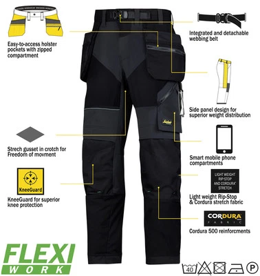 Snickers 6902 Flexiwork work Trouser Ripstop Kneepad Holster Pocket 6902 Black