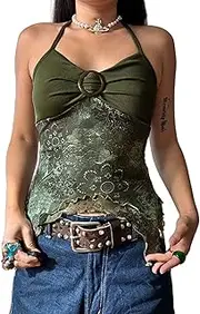 [ANKOMINA] Women's Vintage Printed Halter Camisole Sexy Boho Irregular Backless Bustier Crop Tops Y2K Party Club Streetwear