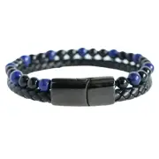 Lapis with Onyx Bead And Black Leather Bracelet with Stainless Steel Clasp