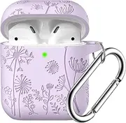 WJK Compatible with Airpod Case and Airpods 2nd Generation Case Flower Print Engraved Skin Cover Compatible with Apple AirPods 2nd/1st Charging Case with Keychain, Lavender