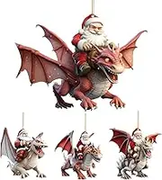 Set of 4 Riding Dragon Santa Pendant, 2D Santa Riding Dragon, Santa Flying Dragon Ornament, Christmas Acrylic Dragon Ornament, Cute for Window, Home, Mantel, Tree, Fireplace Christmas Tree Santa
