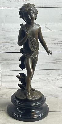 Signed Moreau Classic Bronze Sculpture Musician Statue Boy with Banjo Figure Art