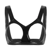 Otwoo Womens Wet Look Patent Leather Bra Lingerie Halter Neck Open Chest Lingerie Bralette Underwear Open Cups Wire-free Shelf Bra Top Black C ddd