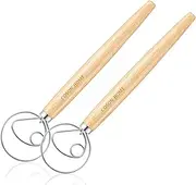 Pack of 2 Danish Dough Whisk Wooden Handle Mixer Bread Sourdough Batter Baking Tools for Cake Dessert Bread Pizza Pastry Food Biscuits Kitchenware Tool Stainless Steel Ring 13.5 Inches