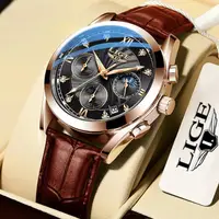 在飛比找蝦皮商城精選優惠-Lige 新款男士手錶皮革錶帶防水運動計時石英手錶男士
