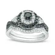 0.75 CT. T.W. Enhanced Black and White Natural Diamond Double Frame Twist Shank Bridal Engagement Ring Set in Solid 10K White Gold