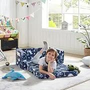 Ulax Furniture Kids Fold Out Couch 2-in-1 Children Convertible Sofa to Lounger with Soft Plush Fabric (Navy Dinosaur)