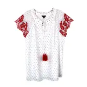Talbots Peasant Top Size S Embroidered Sleeves Red Tassels Lined Cotton NWT