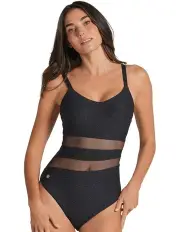 [Leonisa] Glittery Tummy Shaping One-Piece Swimsuit With Mesh Stripes in Black