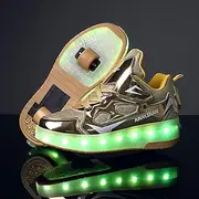 [RDJSHOP] Boys Girls USB Charging LED Flashing Roller Skate Shoes Double Wheels Retractable Technical Skateboarding Shoes Sport Outdoor Cross Sneaker for Kids,Gold-11LittleKid