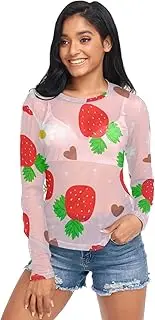 [RPLIFE] Cute Red Strawberries Pink Mesh Sleeve Tops for Women, Sheer Sleeve Top S-XXL