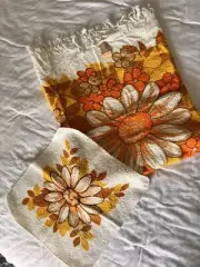 Vintage NWT Retro Flower Cannon Wash & Bath Towels Orange Yellow Fringe