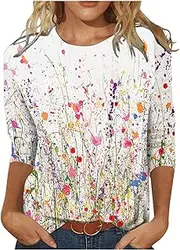 Neoucdy Tops for Women Sexy Casual, Shirts for Women 3/4 Sleeve Ruched Tunic Tops Floral Graphic Plus Size Tshirts Blouses