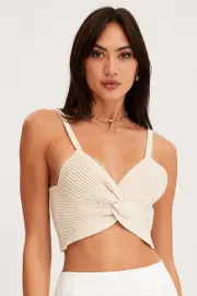 Beige Knit Top Sleeveless Crop Cross Over - Size M, Women's Knitted Slvless