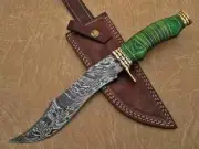 CUSTOM HANDMADE DAMASCUS STEEL BOWIE KNIFE WITH LEATHER SHEATH, GIFT FOR WEDDING