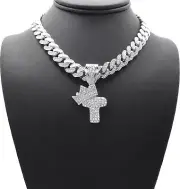 Silver PT Bubble Alphabet T Pendant 16" ~ 24" Iced Cuban Box Lock Chain Necklace
