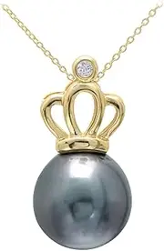 [Paialco] 925 Sterling Silver Crown Tahitian Black Pearl Pendant Necklace for Women, 18K Yellow Gold Plating, Medium, Sterling Silver, Pearl