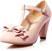 [Elbslutt] Women's Cute Retro Rockabilly Shoes T Strap Mary Janes Heels Chunky Cosplay Shoes Sweet Block Heeled Bow Pumps