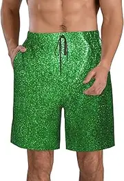 [WURTON] Green Sequin Sparkle Print Men's Beach Shorts Hawaiian Summer Holiday Casual Shorts with Drawstring, Quick Dry