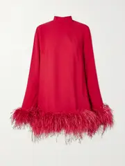 [Taller Marmo] Taller Marmo - Gina Feather-trimmed Crepe Mini Dress - Red - IT38 IT 38 Red