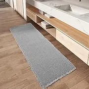 Upgraded Waffle Bath Mat, Super Absorbent Washable Non Slip Bath Rug Mats for Bathroom Floor, Extra Soft Anti Slip Bath Room Mat with Tassels for Tub, Sink, Toile, Quick Dry (Grey, 61 x 183cm)