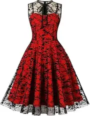 [Generic] Women's Round Neck Sleeveless Mesh Lace Patchwork Pullover Dress Retro Christmas Party Birthday Dress
