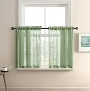 XTMYI Light Green Short Curtains for Small Bathroom Window Kitchen Set of 2 Pack Faux Linen Look Sheer Opaque Curtains That Let Light in Can't See Through,24 Inch Length,Sage