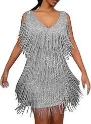 [Generic] Women's Tassels Sequin Cocktail Mini Dress Sleeveless V-Neck Sexy Prom Evening Party Dress