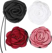 [uxcell] 4pcs Flower Chokers Necklace for Women, Big Rose Floral Chokers Accessories Summer Necklace Party Jewelry for Women, Bean Paste Color/White/Burgundy/Black