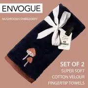 2PK ENVOGUE Soft Cotton Velour Fingertip Towels Dark Blue Brick Red Mushrooms