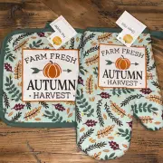 FARMERS MARKET AUTUMN HARVEST POLYESTER Kitchen Potholder And Oven Mitt New