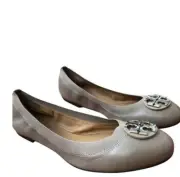 New Tory Burch Grey Claire Elastic Leather Ballet Flats