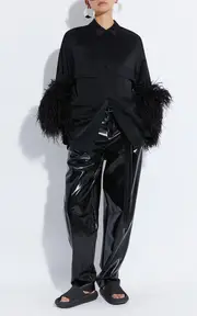 [LAPOINTE] Oversized Satin Button Down with Feathers